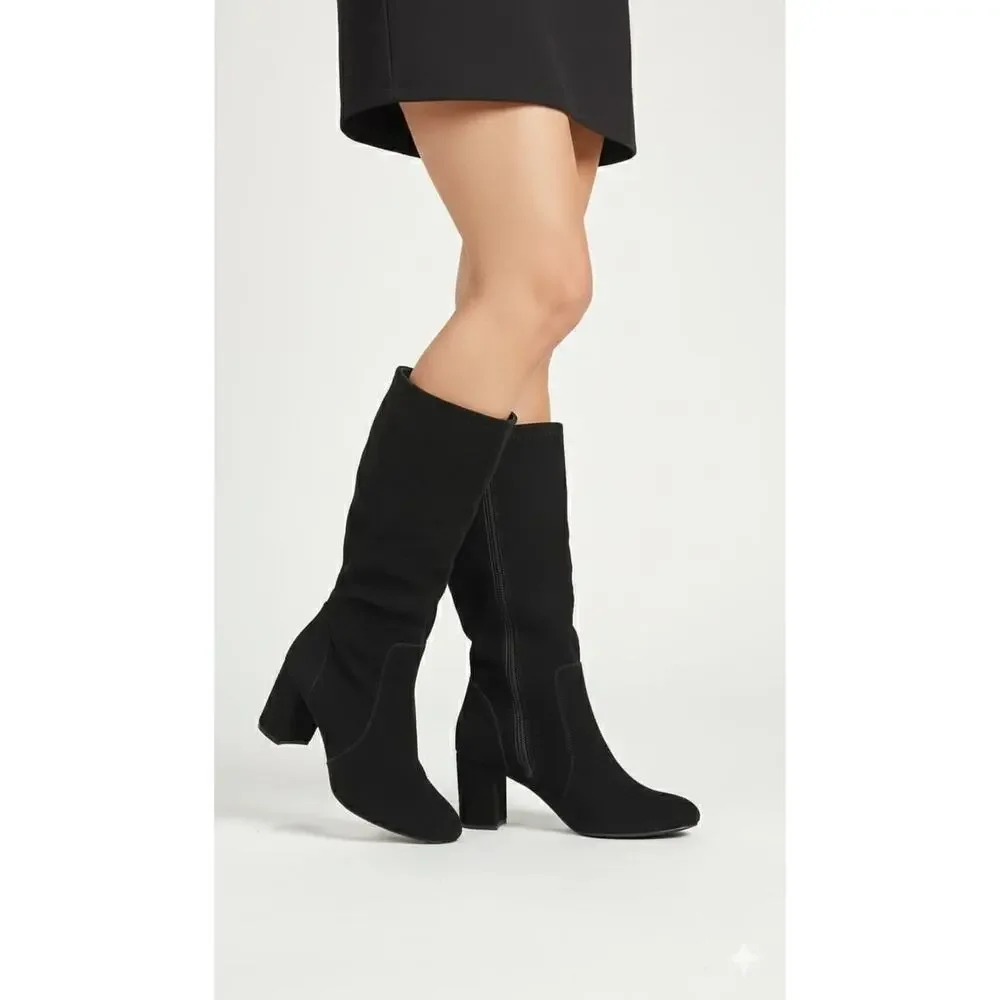 Essex Lane Suede Leather Knee High Boots Black Round Toe Heeled Boots Size 9 - Picture 2 of 6